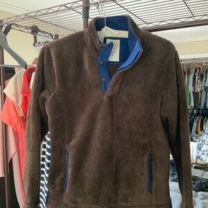 Mini Boden. Royal blue twill  dark brown fleece quarter button pullover jacket